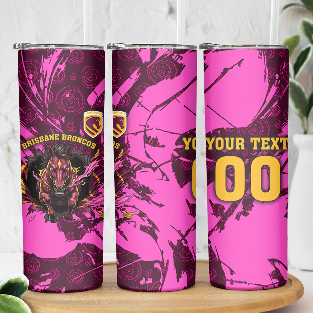 Personalised Brisbane Broncos Skinny Tumbler Fierce Horse Mascot In Pink Aboriginal Dot Art Style
