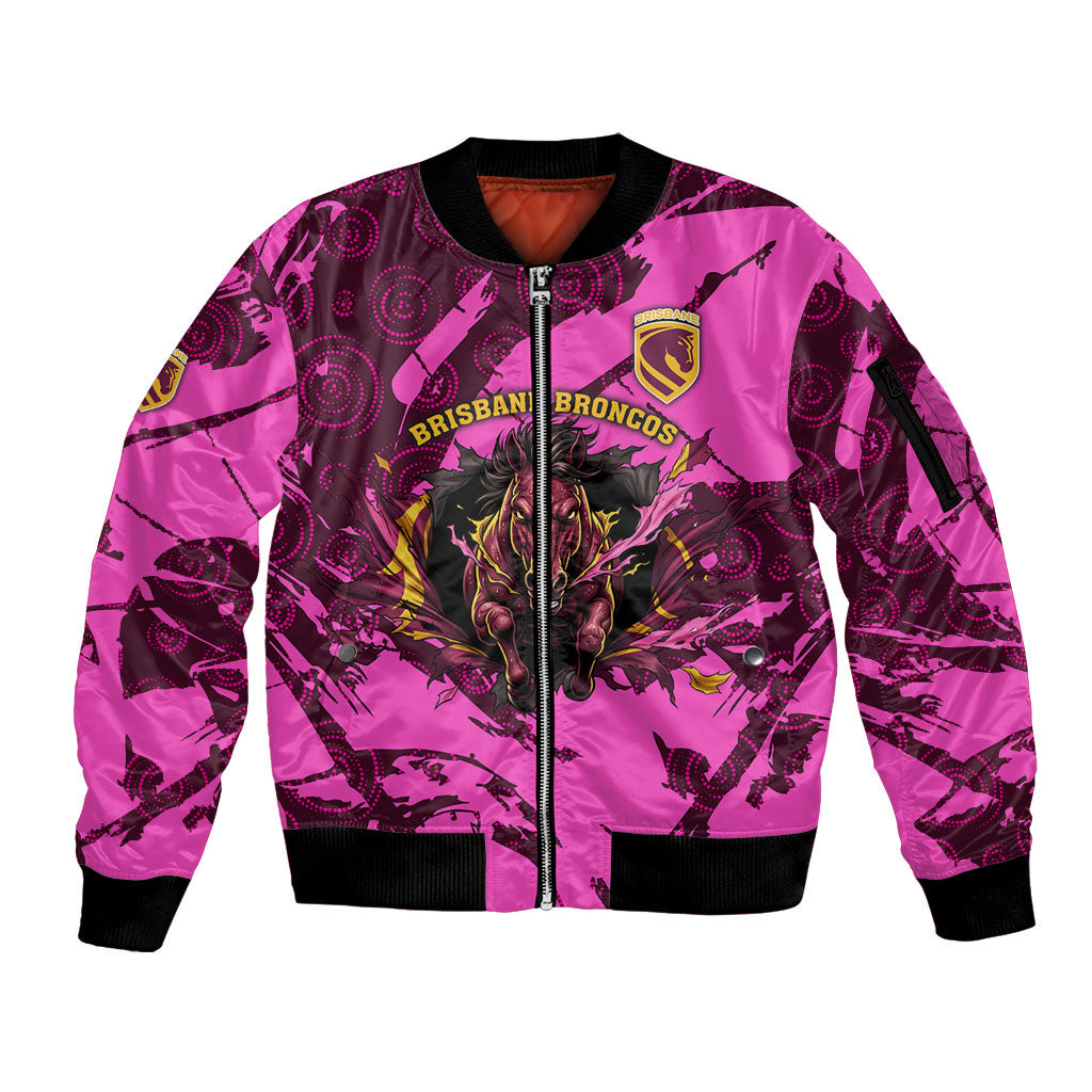 Personalised Brisbane Broncos Sleeve Zip Bomber Jacket Fierce Horse Mascot In Pink Aboriginal Dot Art Style