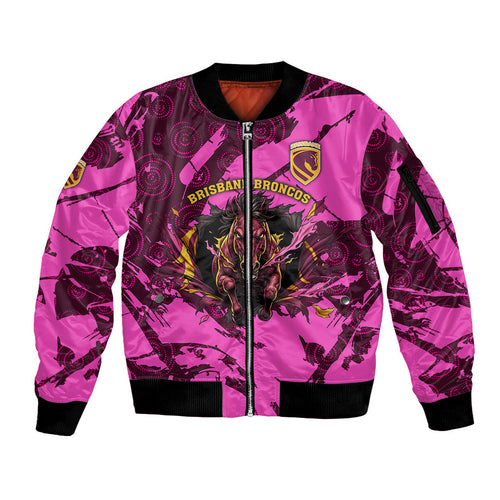 Personalised Brisbane Broncos Sleeve Zip Bomber Jacket Fierce Horse Mascot In Pink Aboriginal Dot Art Style