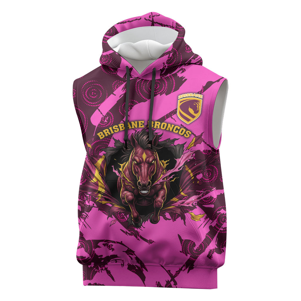 Personalised Brisbane Broncos Sleeveless Hoodie Fierce Horse Mascot In Pink Aboriginal Dot Art Style