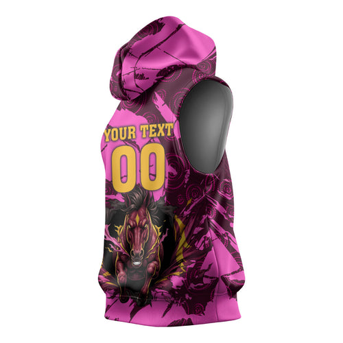 Personalised Brisbane Broncos Sleeveless Hoodie Fierce Horse Mascot In Pink Aboriginal Dot Art Style