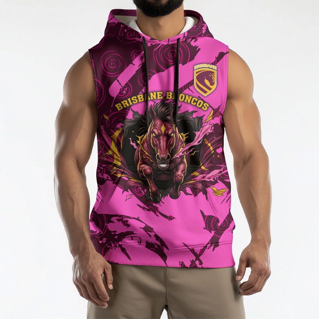 Personalised Brisbane Broncos Sleeveless Hoodie Fierce Horse Mascot In Pink Aboriginal Dot Art Style