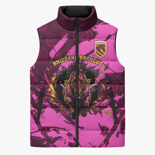 Personalised Brisbane Broncos Sleeveless Puffer Jacket Fierce Horse Mascot In Pink Aboriginal Dot Art Style