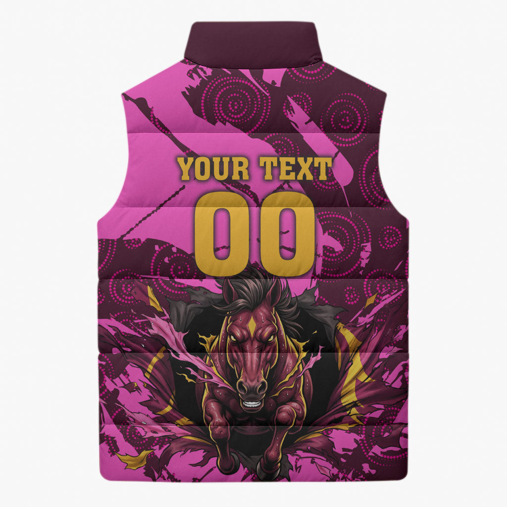 Personalised Brisbane Broncos Sleeveless Puffer Jacket Fierce Horse Mascot In Pink Aboriginal Dot Art Style
