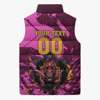 Personalised Brisbane Broncos Sleeveless Puffer Jacket Fierce Horse Mascot In Pink Aboriginal Dot Art Style