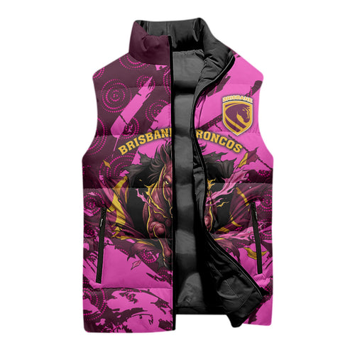 Personalised Brisbane Broncos Sleeveless Puffer Jacket Fierce Horse Mascot In Pink Aboriginal Dot Art Style