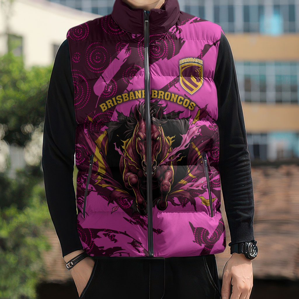 Personalised Brisbane Broncos Sleeveless Puffer Jacket Fierce Horse Mascot In Pink Aboriginal Dot Art Style