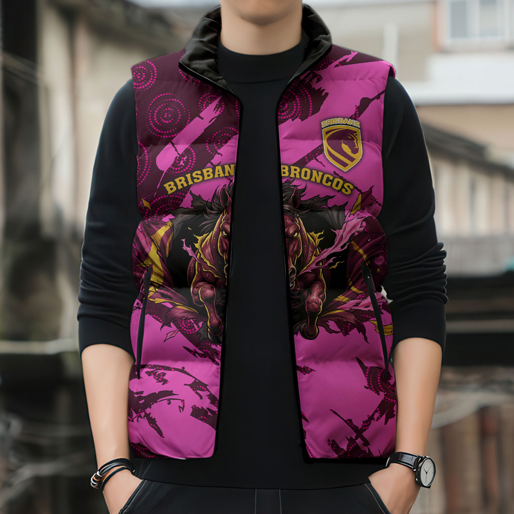 Personalised Brisbane Broncos Sleeveless Puffer Jacket Fierce Horse Mascot In Pink Aboriginal Dot Art Style