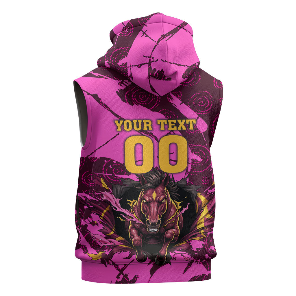 Personalised Brisbane Broncos Sleeveless Zip Hoodie Fierce Horse Mascot In Pink Aboriginal Dot Art Style