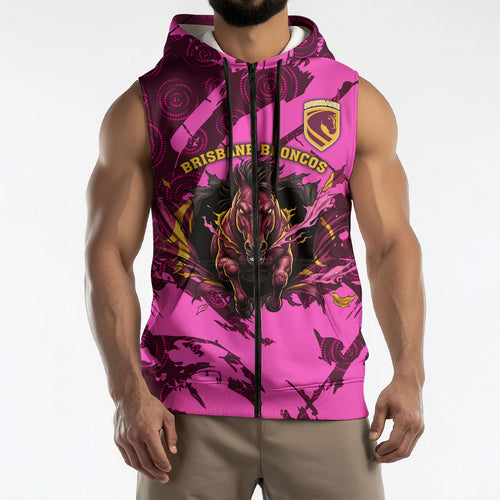 Personalised Brisbane Broncos Sleeveless Zip Hoodie Fierce Horse Mascot In Pink Aboriginal Dot Art Style