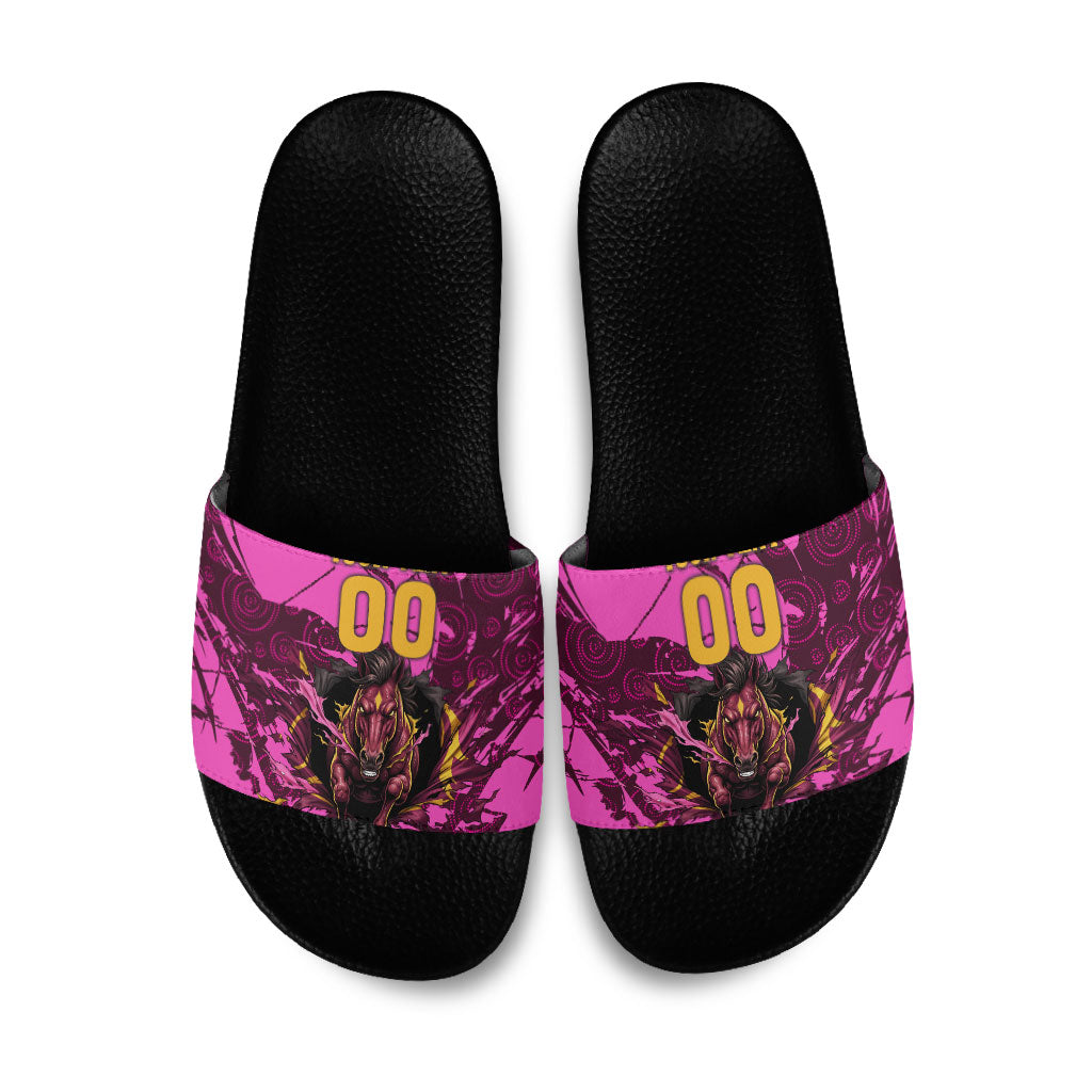 Personalised Brisbane Broncos Slide Sandals Fierce Horse Mascot In Pink Aboriginal Dot Art Style