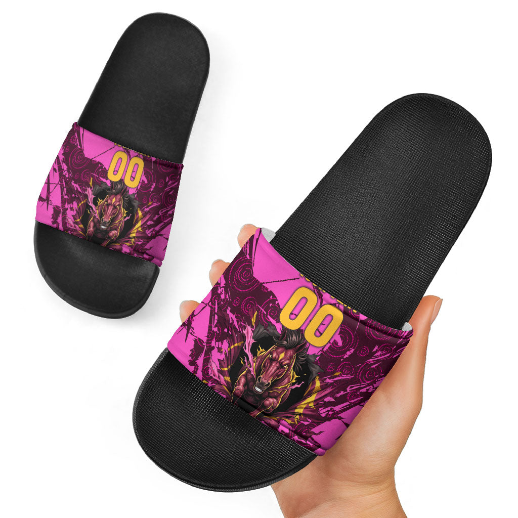 Personalised Brisbane Broncos Slide Sandals Fierce Horse Mascot In Pink Aboriginal Dot Art Style