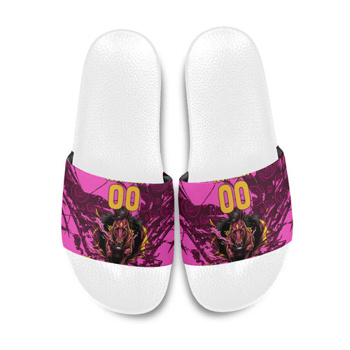 Personalised Brisbane Broncos Slide Sandals Fierce Horse Mascot In Pink Aboriginal Dot Art Style