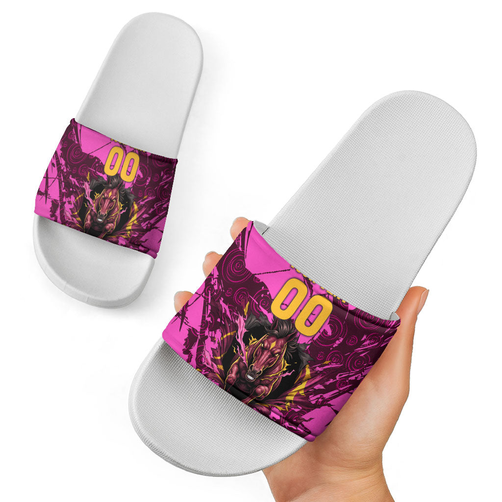 Personalised Brisbane Broncos Slide Sandals Fierce Horse Mascot In Pink Aboriginal Dot Art Style