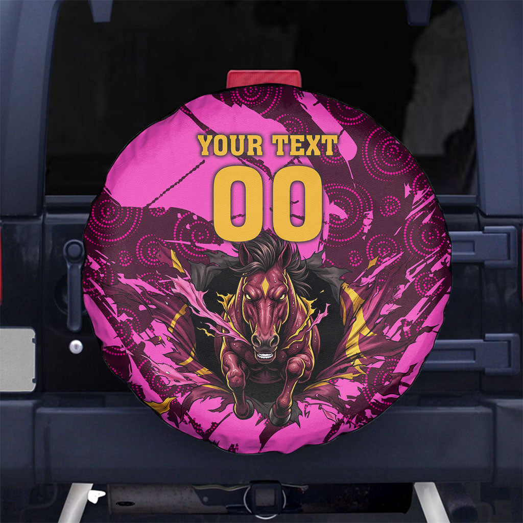 Personalised Brisbane Broncos Spare Tire Cover Fierce Horse Mascot In Pink Aboriginal Dot Art Style