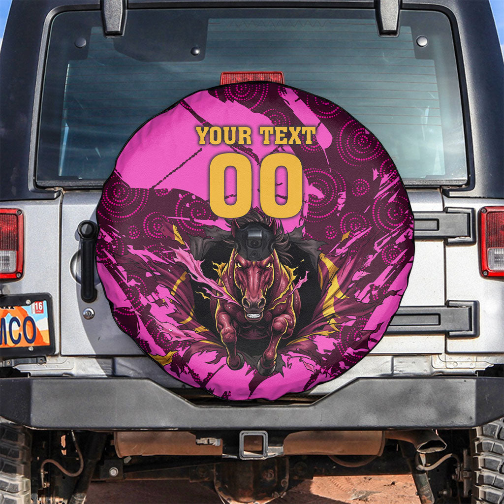 Personalised Brisbane Broncos Spare Tire Cover Fierce Horse Mascot In Pink Aboriginal Dot Art Style