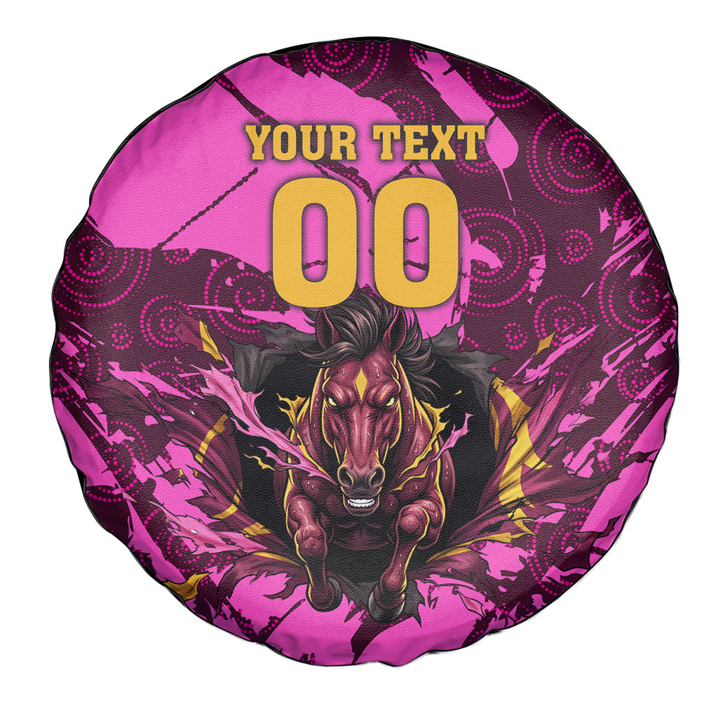 Personalised Brisbane Broncos Spare Tire Cover Fierce Horse Mascot In Pink Aboriginal Dot Art Style