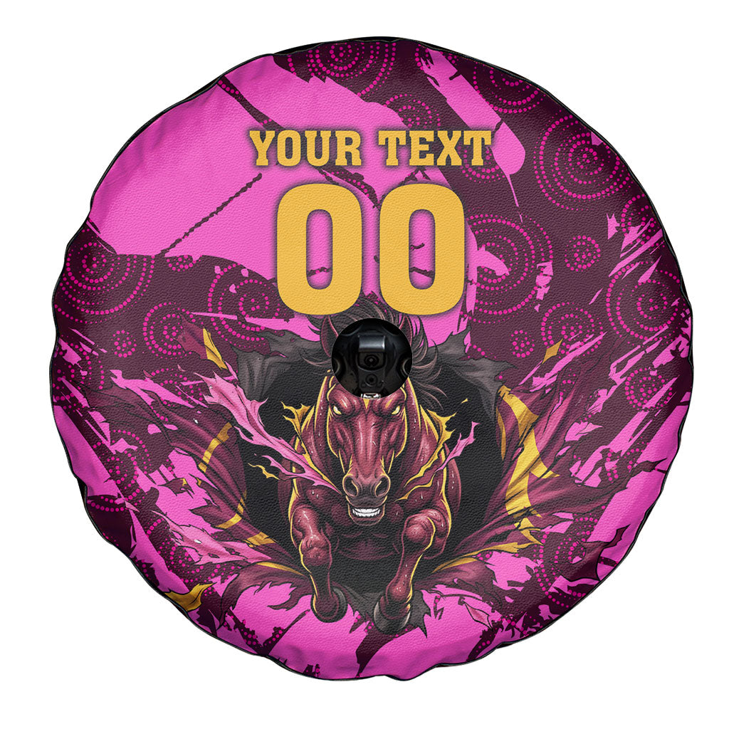 Personalised Brisbane Broncos Spare Tire Cover Fierce Horse Mascot In Pink Aboriginal Dot Art Style
