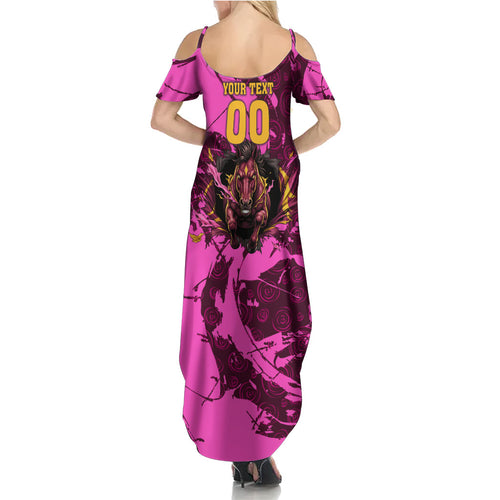 Personalised Brisbane Broncos Summer Maxi Dress Fierce Horse Mascot In Pink Aboriginal Dot Art Style