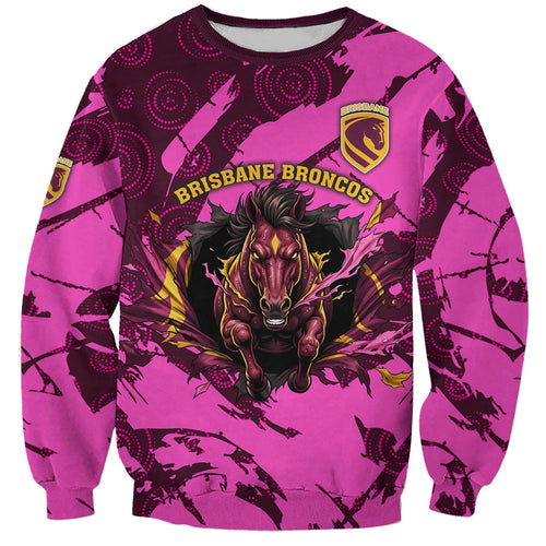 Personalised Brisbane Broncos Sweatshirt Fierce Horse Mascot In Pink Aboriginal Dot Art Style