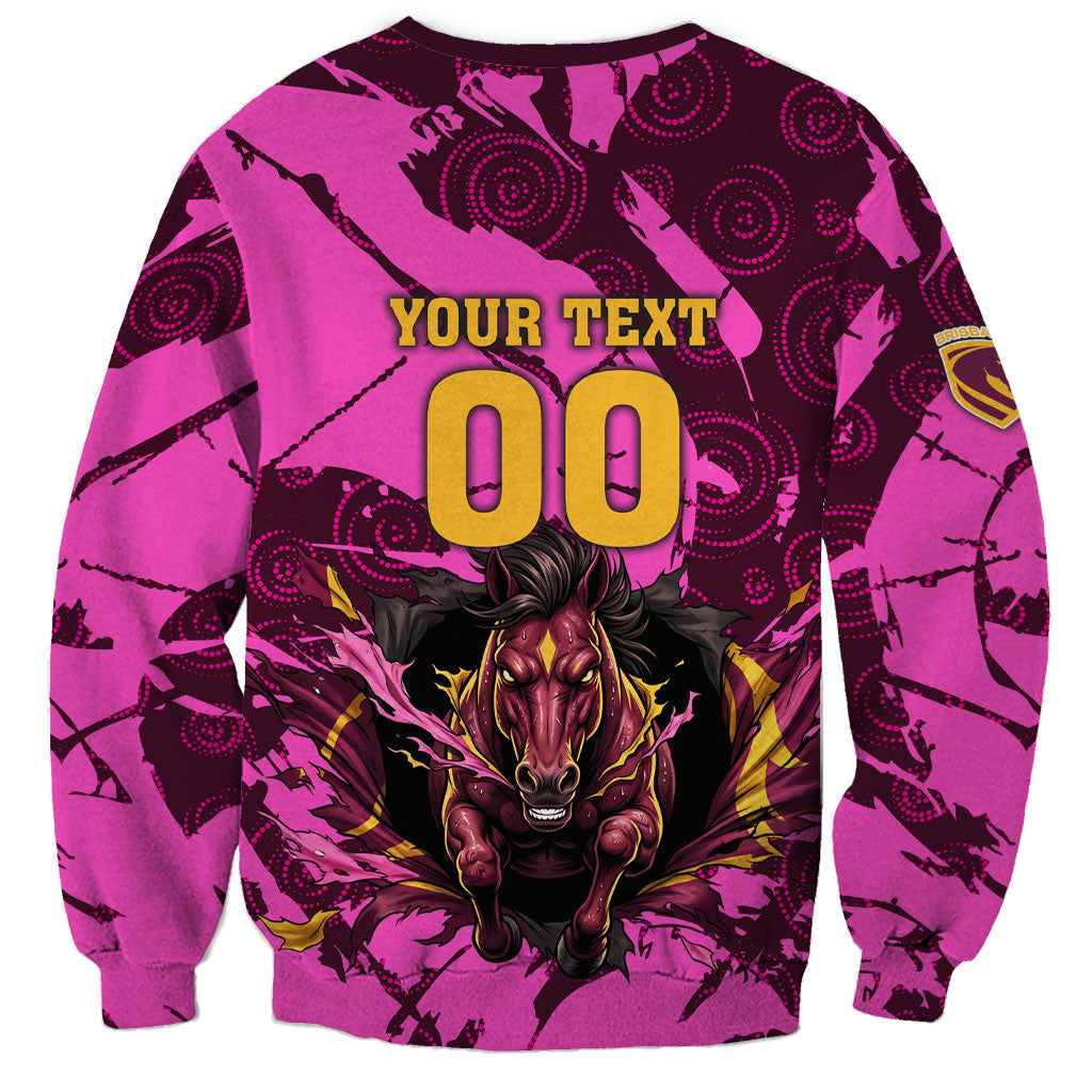 Personalised Brisbane Broncos Sweatshirt Fierce Horse Mascot In Pink Aboriginal Dot Art Style