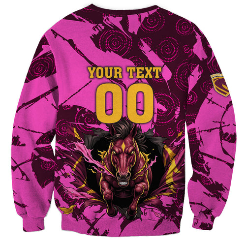 Personalised Brisbane Broncos Sweatshirt Fierce Horse Mascot In Pink Aboriginal Dot Art Style