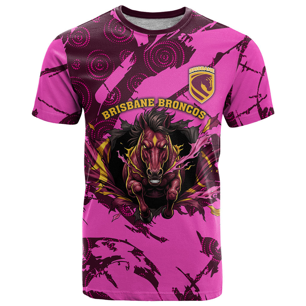 Personalised Brisbane Broncos T Shirt Fierce Horse Mascot In Pink Aboriginal Dot Art Style