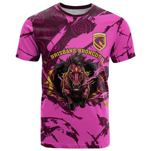 Personalised Brisbane Broncos T Shirt Fierce Horse Mascot In Pink Aboriginal Dot Art Style