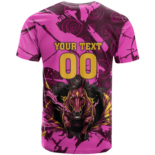 Personalised Brisbane Broncos T Shirt Fierce Horse Mascot In Pink Aboriginal Dot Art Style