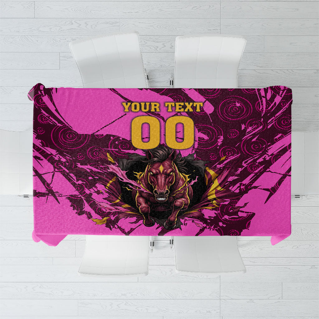 Personalised Brisbane Broncos Tablecloth Fierce Horse Mascot In Pink Aboriginal Dot Art Style
