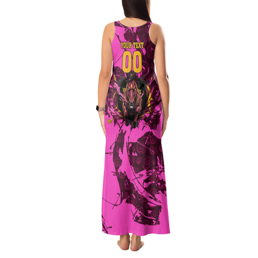 Personalised Brisbane Broncos Tank Maxi Dress Fierce Horse Mascot In Pink Aboriginal Dot Art Style