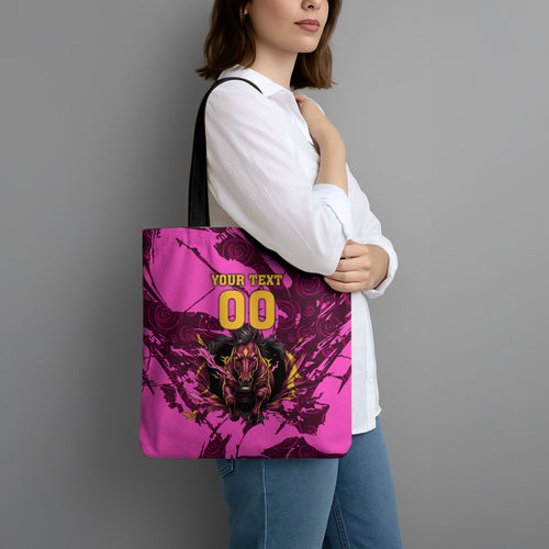 Personalised Brisbane Broncos Tote Bag Fierce Horse Mascot In Pink Aboriginal Dot Art Style