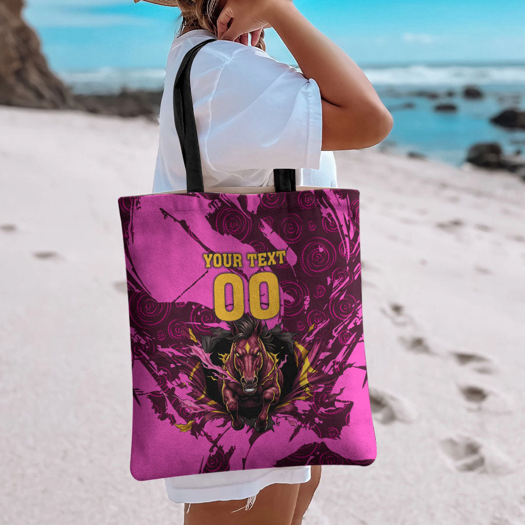 Personalised Brisbane Broncos Tote Bag Fierce Horse Mascot In Pink Aboriginal Dot Art Style