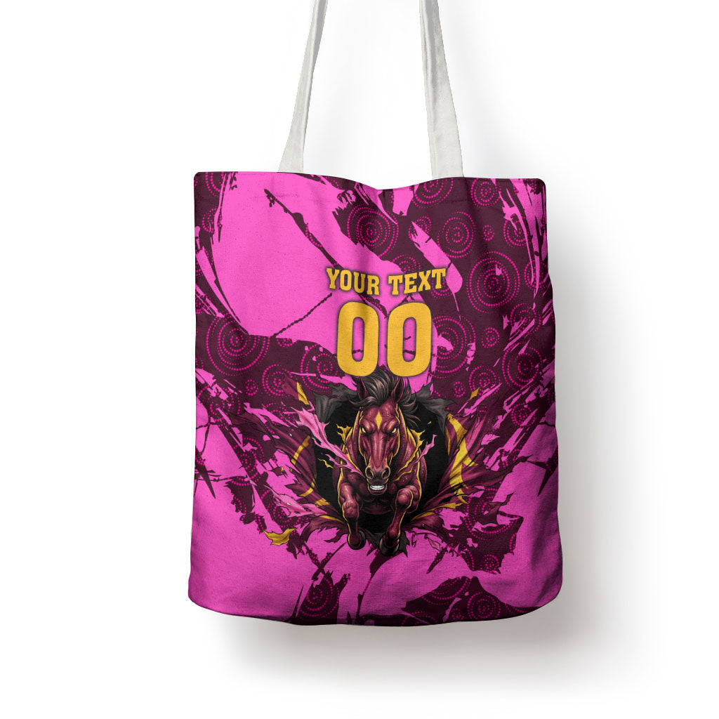 Personalised Brisbane Broncos Tote Bag Fierce Horse Mascot In Pink Aboriginal Dot Art Style