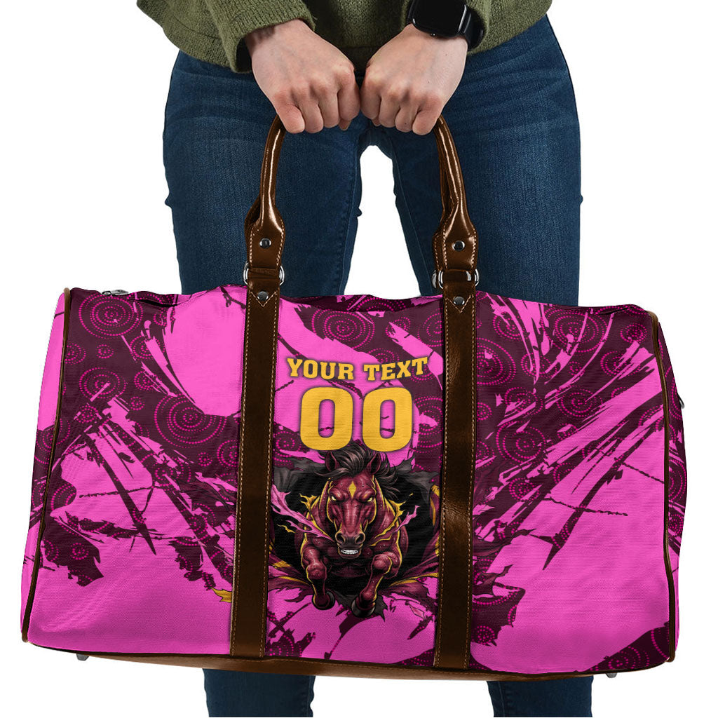 Personalised Brisbane Broncos Travel Bag Fierce Horse Mascot In Pink Aboriginal Dot Art Style