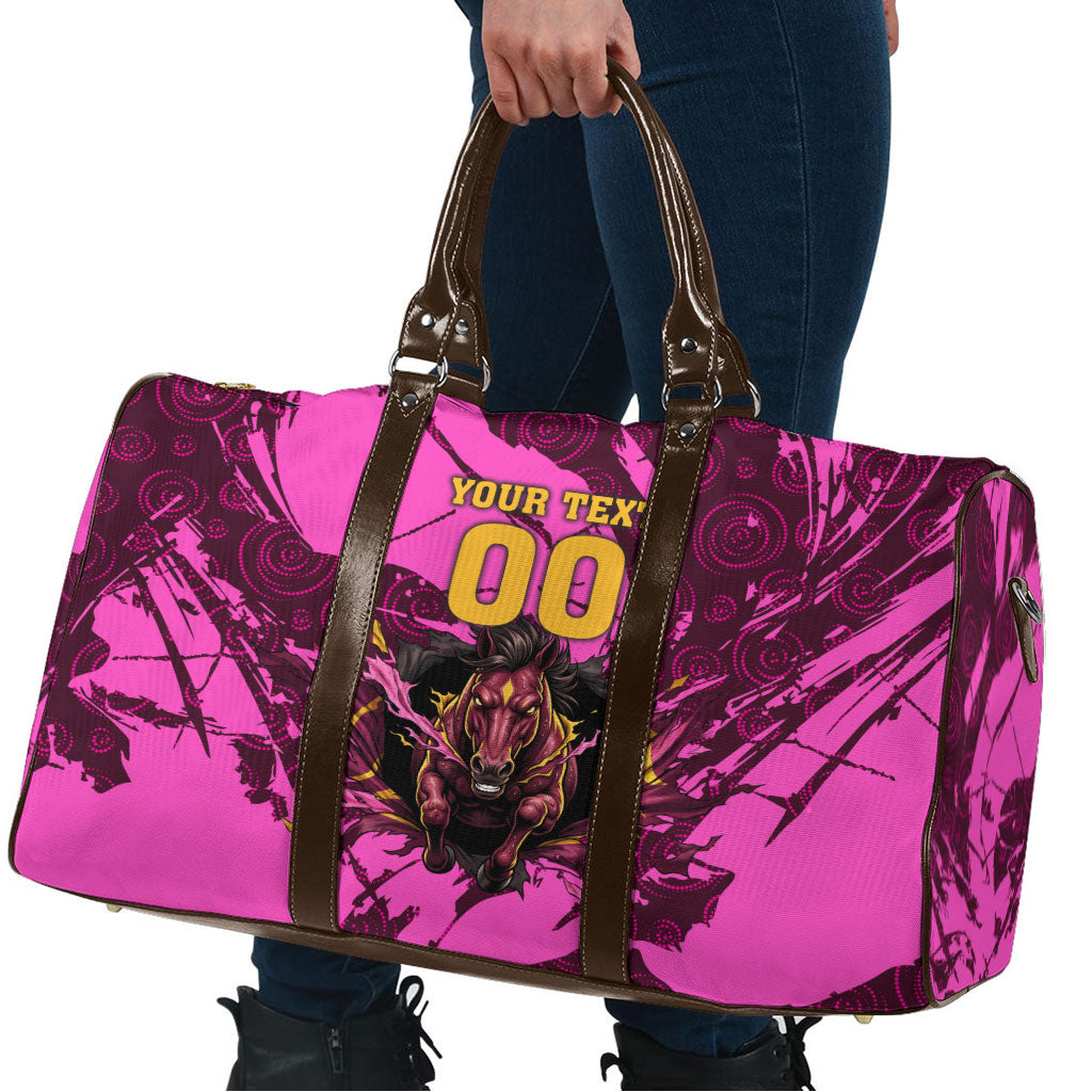Personalised Brisbane Broncos Travel Bag Fierce Horse Mascot In Pink Aboriginal Dot Art Style