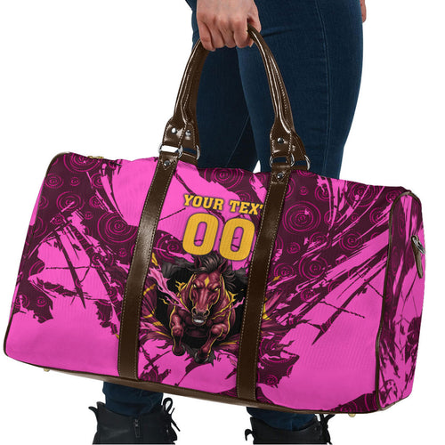 Personalised Brisbane Broncos Travel Bag Fierce Horse Mascot In Pink Aboriginal Dot Art Style