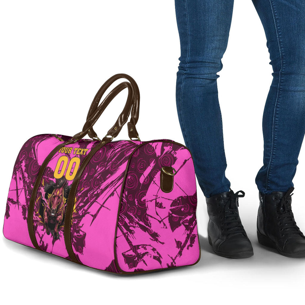 Personalised Brisbane Broncos Travel Bag Fierce Horse Mascot In Pink Aboriginal Dot Art Style