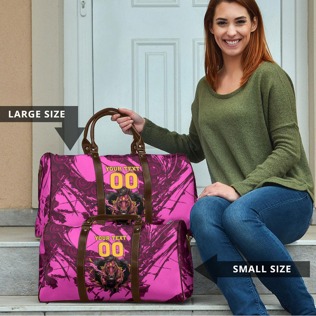 Personalised Brisbane Broncos Travel Bag Fierce Horse Mascot In Pink Aboriginal Dot Art Style