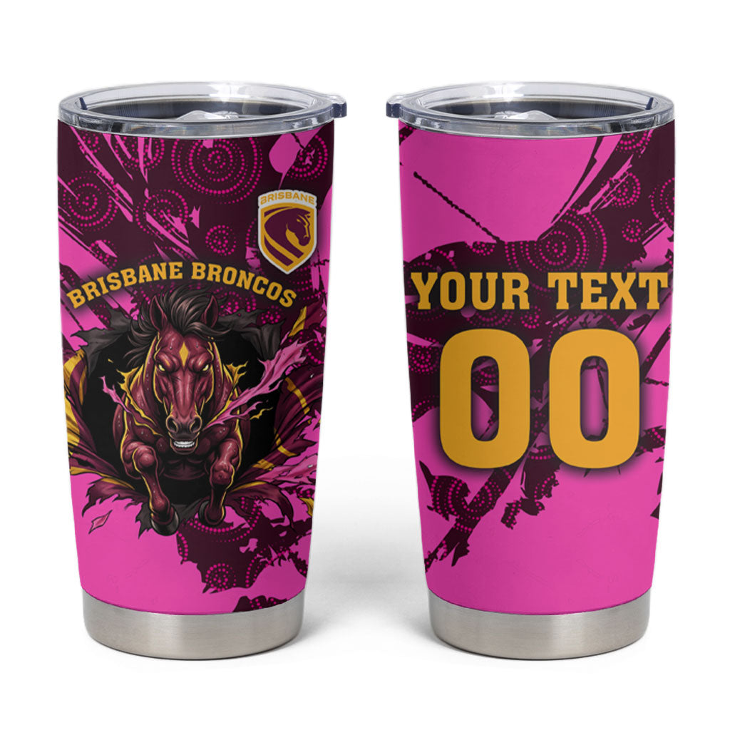 Personalised Brisbane Broncos Tumbler Cup Fierce Horse Mascot In Pink Aboriginal Dot Art Style
