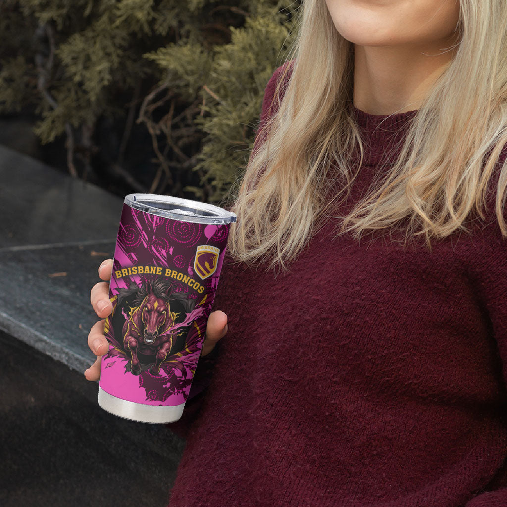 Personalised Brisbane Broncos Tumbler Cup Fierce Horse Mascot In Pink Aboriginal Dot Art Style