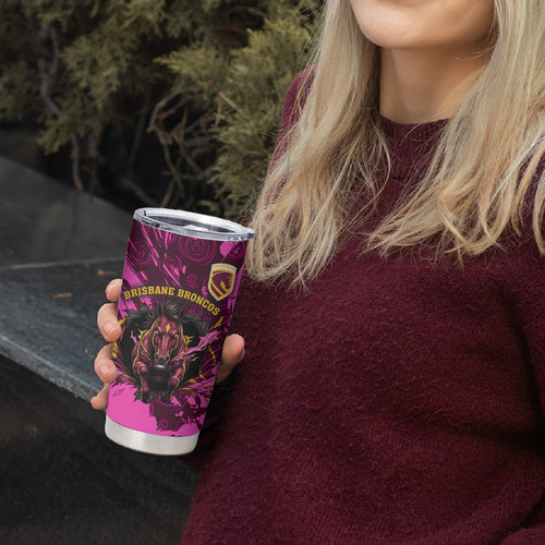 Personalised Brisbane Broncos Tumbler Cup Fierce Horse Mascot In Pink Aboriginal Dot Art Style