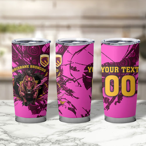 Personalised Brisbane Broncos Tumbler Cup Fierce Horse Mascot In Pink Aboriginal Dot Art Style