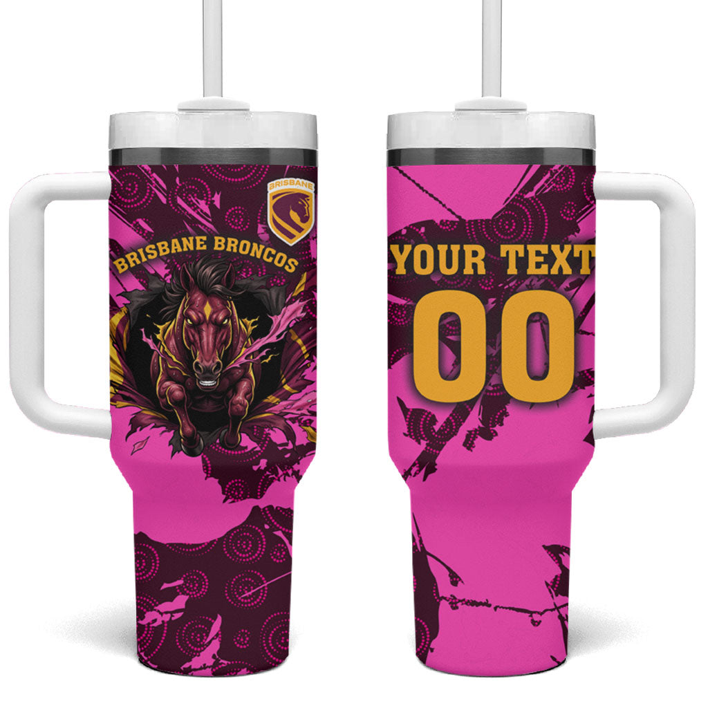Personalised Brisbane Broncos Tumbler With Handle Fierce Horse Mascot In Pink Aboriginal Dot Art Style