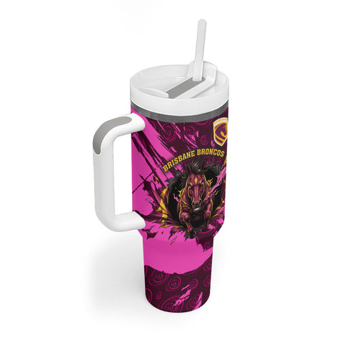 Personalised Brisbane Broncos Tumbler With Handle Fierce Horse Mascot In Pink Aboriginal Dot Art Style