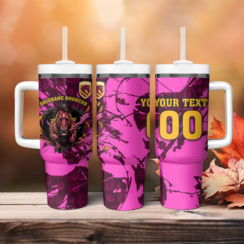 Personalised Brisbane Broncos Tumbler With Handle Fierce Horse Mascot In Pink Aboriginal Dot Art Style