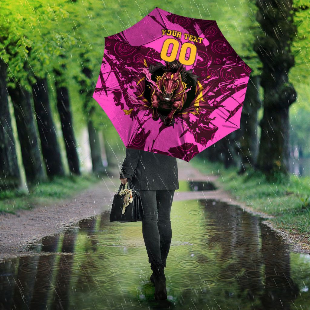 Personalised Brisbane Broncos Umbrella Fierce Horse Mascot In Pink Aboriginal Dot Art Style