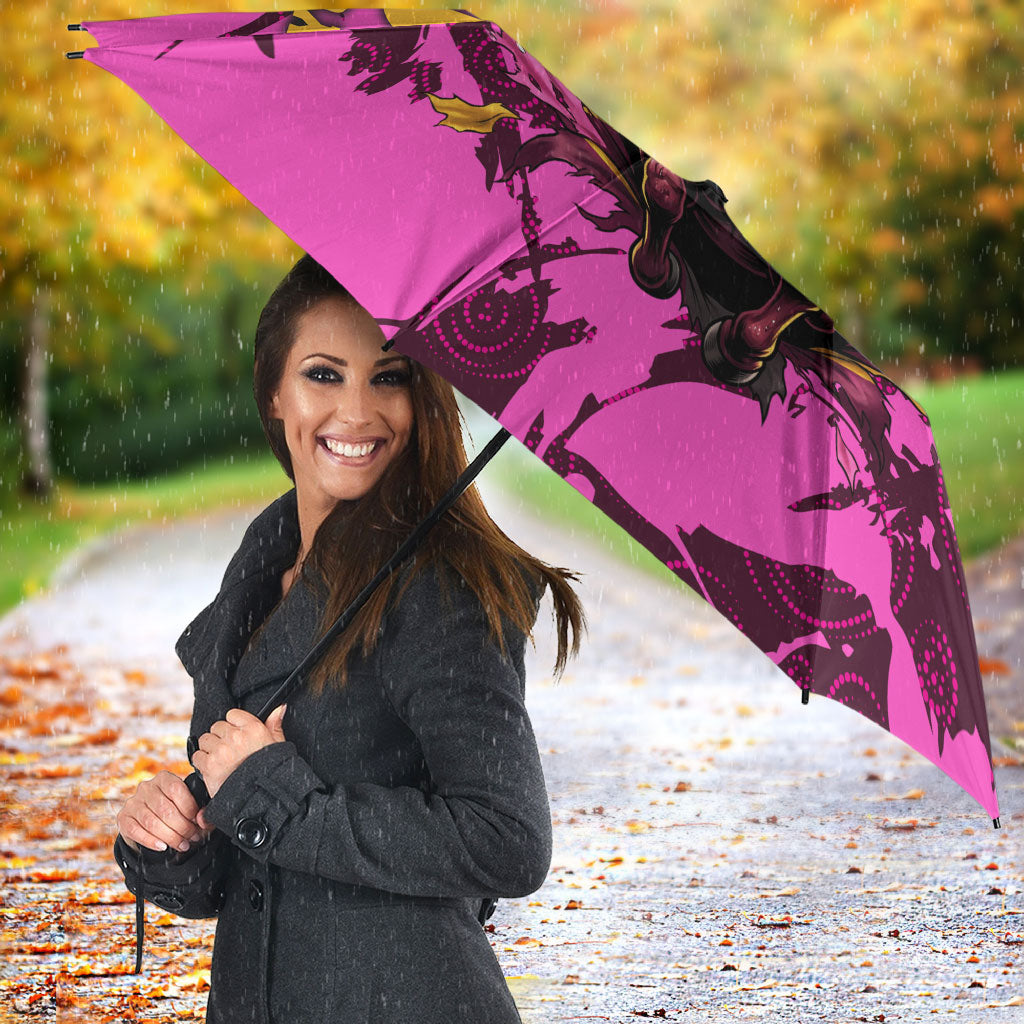Personalised Brisbane Broncos Umbrella Fierce Horse Mascot In Pink Aboriginal Dot Art Style