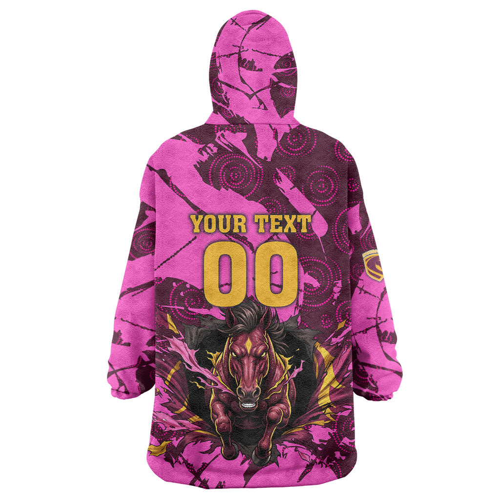 Personalised Brisbane Broncos Wearable Blanket Hoodie Fierce Horse Mascot In Pink Aboriginal Dot Art Style