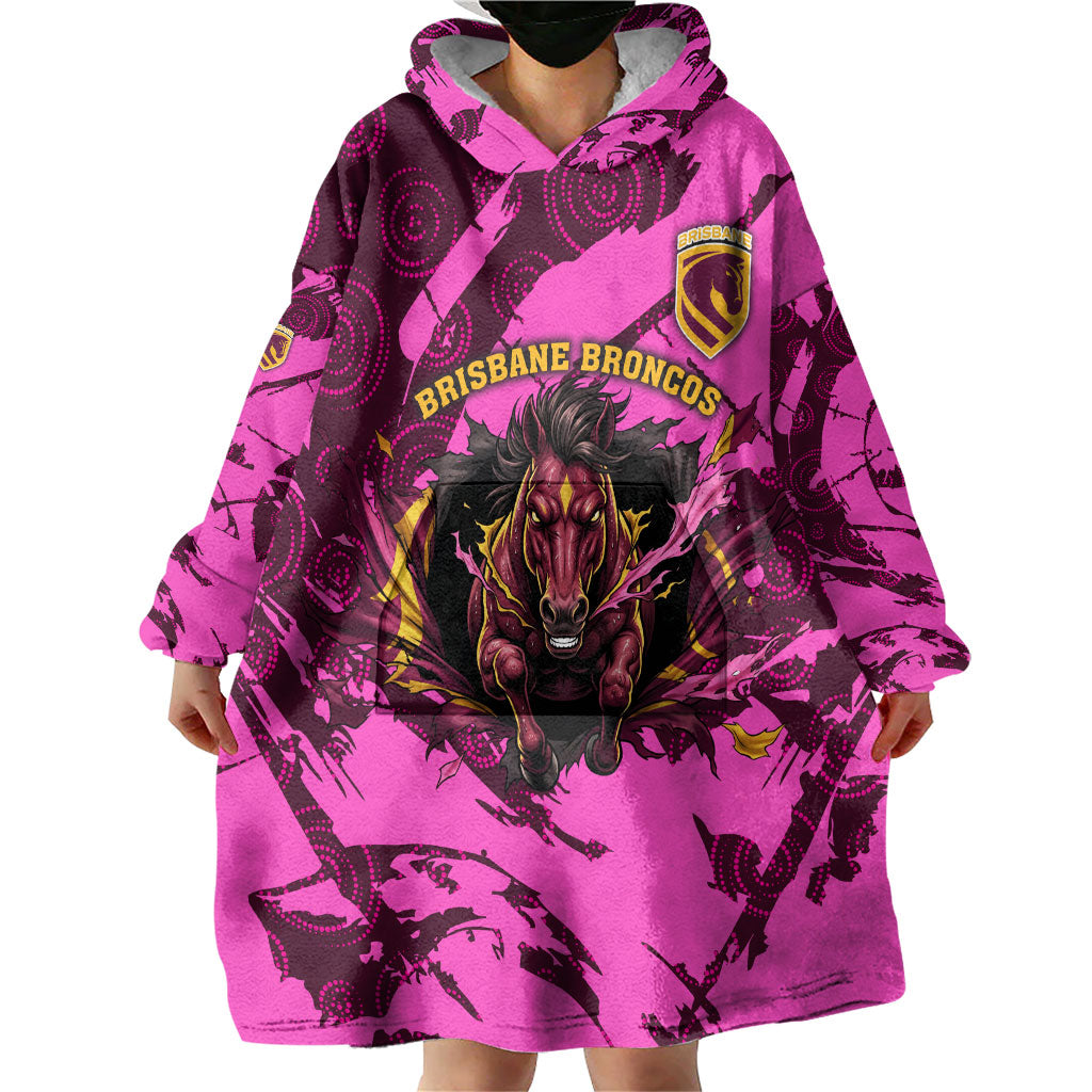 Personalised Brisbane Broncos Wearable Blanket Hoodie Fierce Horse Mascot In Pink Aboriginal Dot Art Style